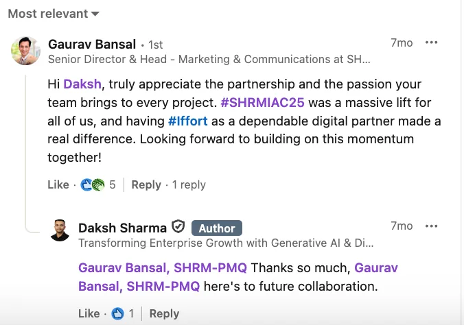 LinkedIn comment from SHRM's Senior Director of Marketing calling Iffort a dependable digital partner